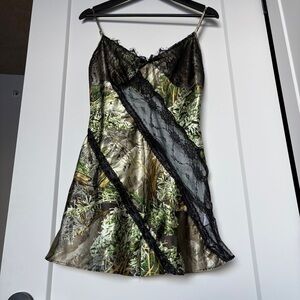 Vintage Y2K Hunting Camouflage Satin Slip Dress Lingerie Black Lace Nightgown